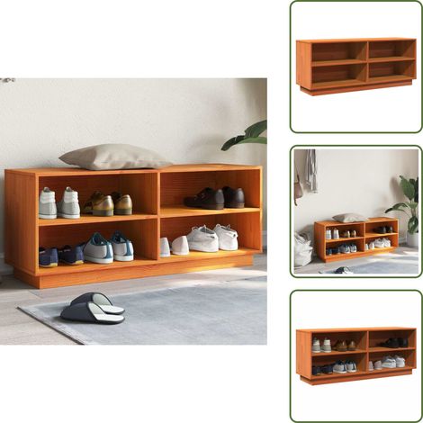 The Living Store Mueble zapatero madera maciza de pino marrón cera 110x34x45 cm - Mueble de zapatos