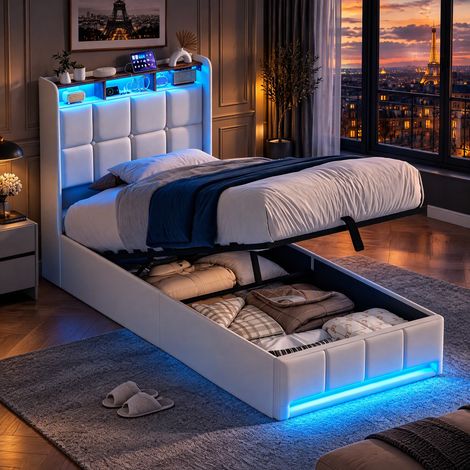JOOKGBD–Letto a Contenitore 90x200 cm,Letto Singolo Imbottito,Contenitore Idraulico,LED,USB-C,Rete a Doghe,Letto Giovanile,Lino,Beige