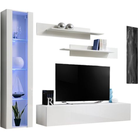 Mobile TV FLY G2 design, colore bianco lucido. Mobile sospeso moderno e alla moda per il tuo soggiorno.