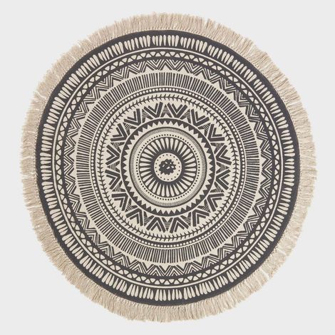 HOMESCAPES Runder Boho-Teppich schwarz-weiß mit Fransen 145 cm
