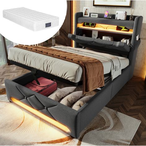 Lit rembourré 90x200 cm avec matelas, tête de lit USB/Type-C, LED 360°, coffre hydraulique, tissu gris (1/5)