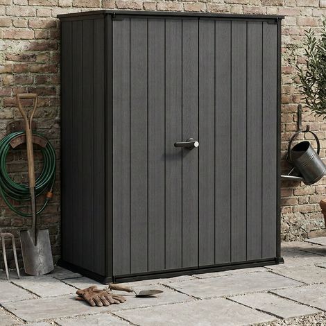 Dmora - Armadio da esterno Fuscaldo, Mobile outdoor, Mobiletto giardino multiuso, Contenitore per balcone o garage, 140x74 h170 cm, Grigio scuro (1/5)