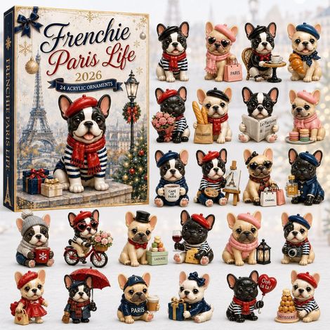 adventkalender 2026 - 24 stuks - zwart wit beige rood blauw - acryl materiaal - 28x20cm - parijs thema franse bulldog hangornamenten set - kerstboom decoratie - geschikt voor kerstfeest en interieur d (1/3)