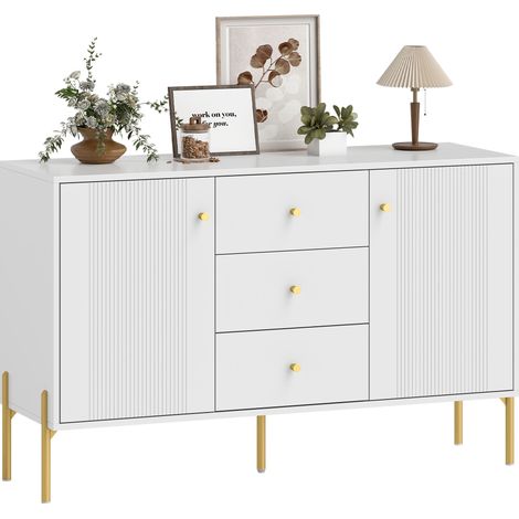 HOMCOM aparador moderno de 2 puertas, aparador de salón con 3 cajones, estantes ajustables, encimera con efecto mármol, blanco, 120x39,1x76 cm
