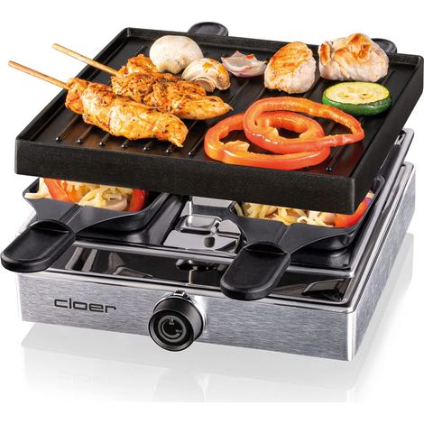 Raclette gril avec plaque en aluminium moulé sous pression, 4 poêlons à raclette antiadhésifs, spatule en plastique, emplacement de stationnement non chauffé, 750 W, aluminium (1/5)
