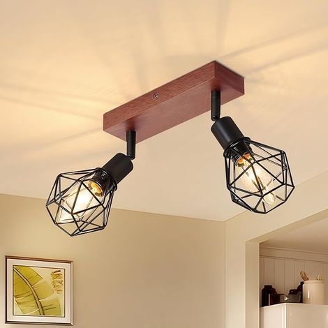 GBLY Spot Plafonnier 20×9×17cm,350° orientable Base 2 douilles,E14 MAX.25W spot de plafond en bois et métal Pour salon chambre salle à manger Bar Café Noir,sans ampoule