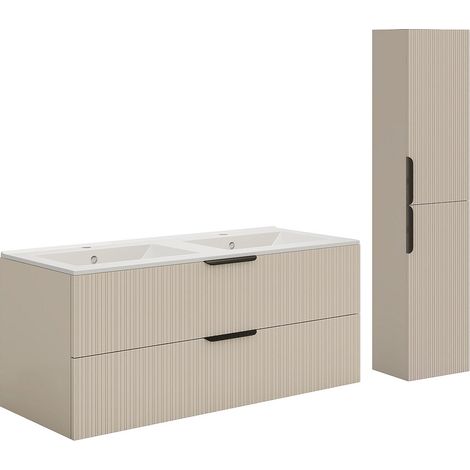 Meuble de salle de bain suspendu strié avec vasque à encastrer et colonne - Coloris beige - 120 cm - DALIKO (1/4)