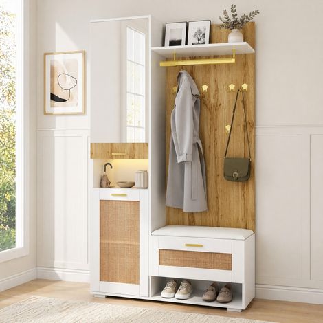 Mueble zapatero de entrada con espejo, banco, LED 16 colores, 110 x 38 x 190 cm HAVRYA (1/5)