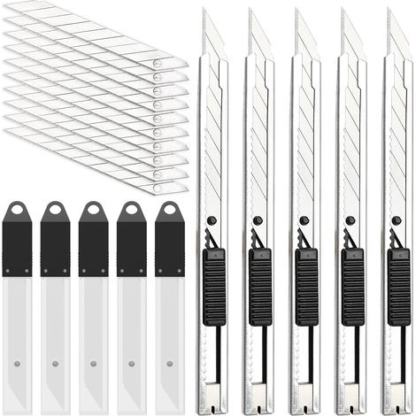 5 Cutter + 50 lame de rechange pour cutter 9mm Snap Off Lames de 30 degrés Slim Gaine en acier inoxydable Coupe-boîtes verrouillable Couteau graphique (1/5)