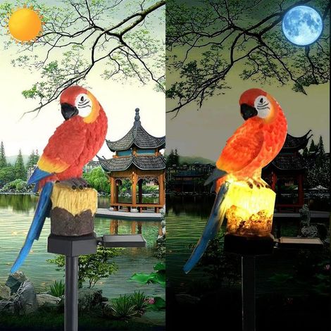 Lampe Solaire Perroquet en Résine Rouge, Décoration Jardin Animaux Mignons, Applique Murale LED Sans Fil Étanche, Allumage Automatique Crépuscule à l'Aube (1/5)
