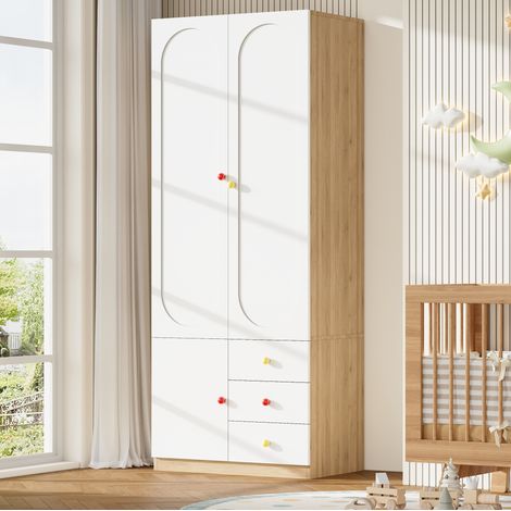 MODFU – Armoire enfant 80x50x200 cm MDF – 2 portes, 3 tiroirs et penderie – Poignées céramique et anti-basculement – Chambre – Blanc (1/5)