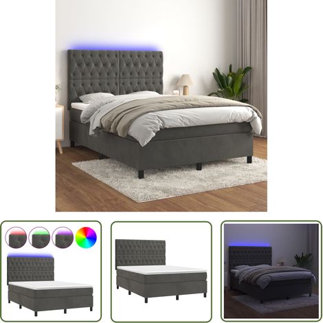 The Living Store Sommier à lattes de lit matelas et LED Gris foncé 140x200 cm - Lit Plateforme - Lit Capitonné - Lit Design - Lit Velours - Lit Avec Éclairage Led (1/5)