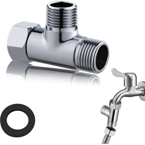 Conector en T de latón de 1/2", G1/2", conector en T de 3 vías con arandelas, adaptador en forma de T para grifo de agua potable, cromado, 20 mm (1/5)
