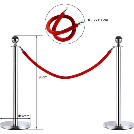 Barrière de file d'attente, barre de séparation avec corde, rouge, acier inoxydable, 32 cm de diamètre x 95 cm de hauteur, argent (1/5)