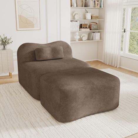 Canapé convertible 1 place sans châssis avec pouf, forme ondulée, mousse haute résilience 32D, dossier amovible, textile moelleux, parfait pour studio, séjour et chambre, brun (1/5)