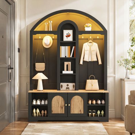 Meuble de rangement d'entrée 150 x 40 x 195 cm en MDF noir (1/5)