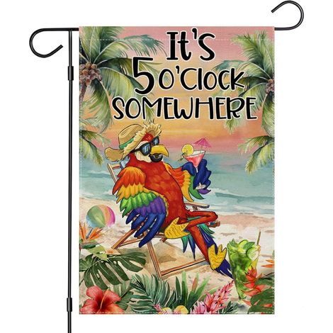 Drapeau de jardin d'été - 30 x 45 cm double face, « Il est 17 heures quelque part », décoration perroquet de plage (1/5)