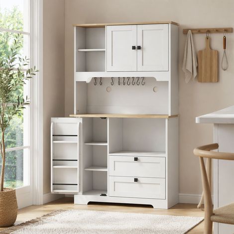 Buffet Haut Cuisine, Armoire Cuisine avec 3 Portes, 2 Tiroirs, Plan de Travail, Compartiments Ouverts, Blanc (1/5)