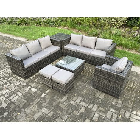 Fimous 9 Seater Rattan Garden Furniture Sofa Set with Armchair Side Table Square Coffee Table 2 Small Footstools Indoor Side Table Outdoor Rattan Set Dark Grey Mixed (1/5)