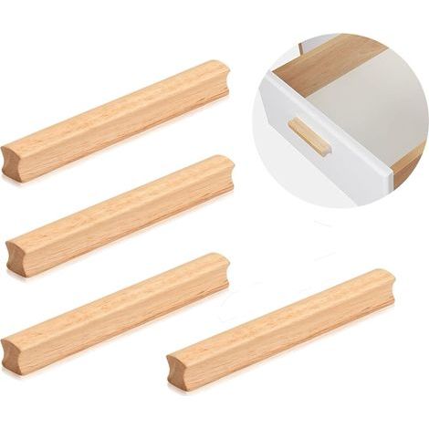 4 Pièces Poignee de Meuble en Bois, Poignée Bois pour Armoire, Espacement des Trous 128 mm de Poignée de Meuble Placards en Bois, Poignées de Cuisine en Bois Universelles pour Les Placards (1/5)