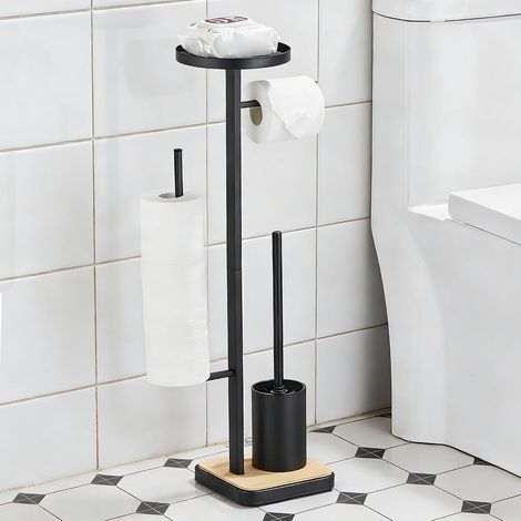 1 Porte Papier Toilette sur Pied, Bois Noir, Support 4 Rouleaux, Brosse WC Incluse, Rangement Sans Percage pour Salle de Bain (1/5)