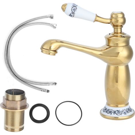 Robinet de lavabo en laiton doré Antique élégant, robinet d'eau chaude et froide pour usage de salle de bains d'hôtel à domicile (1/4)
