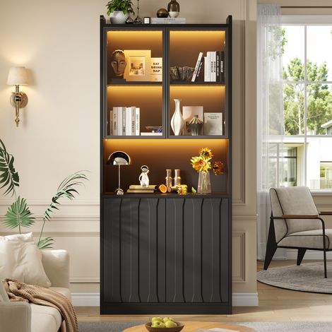 Pour Salon et Séjour Optimisez Rangement et Décoration Vitrine LED 4 Portes Étagères Réglables Noir (1/5)