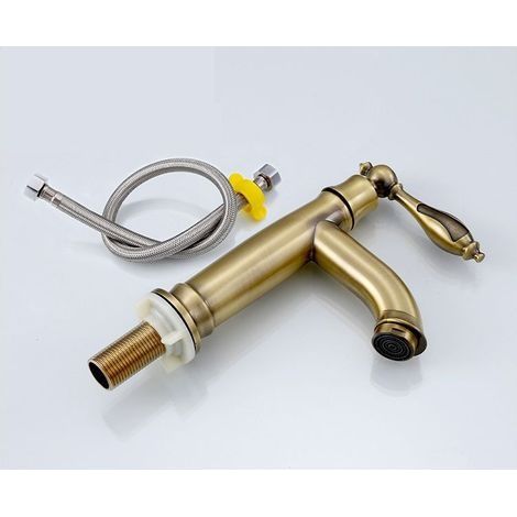 Robinet de Bassin en cuivre Robinet d'évier de Bain Mélangeur d'eau Froide Robinet de Bassin Antique Robinet de Cuisine Simple sans Plomb Avec tuyau d'arrivée d'eau de 60 cm (or) (1/4)