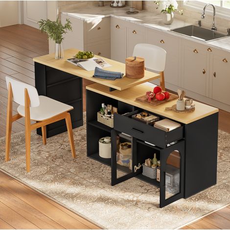 Isla de cocina giratoria 360° (136x50x78 cm), con almacenamiento, mesa extensible, MDF, negro y natural (1/5)