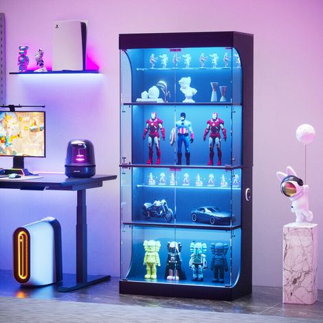 Vitrine à quatre étages en verre anti-poussière,avec éclairage d'ambiance réglable, espace de rangement,éclairage LED,portes vitrées et capteurs intelligents,couleur noire.80x35x165cm (1/5)
