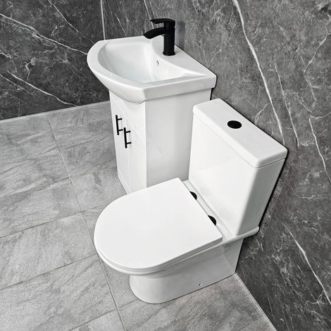 White Vanity Unit with Black Handles 550mm Closed Back Toilet Bathroom Suite, Without Tap & Waste