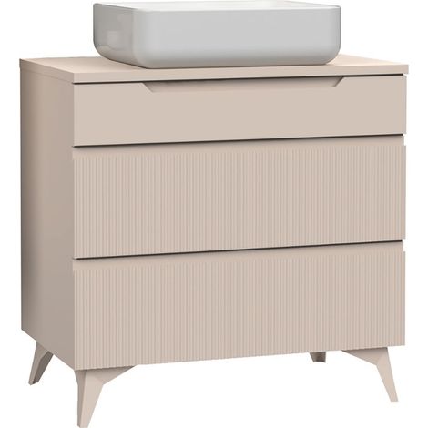 Meuble Vasque 80cm 3 tiroirs beige façades relief à stries verticales pieds métal - JANEIRO BEIGE (1/5)