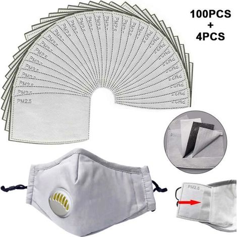 Filtre à Charbon Actif - 100 Pcs - 4 Masques en Coton Gris - Réutilisables - Lavables (1/4)