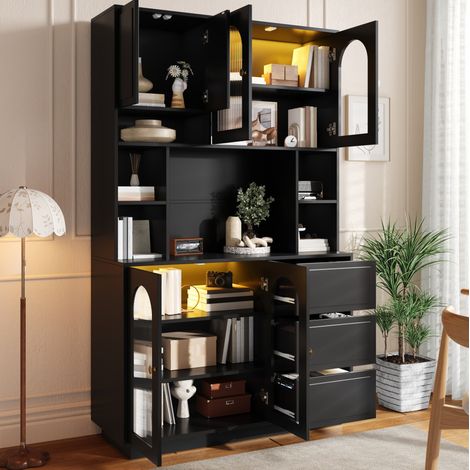 Meuble de rangement haut noir en MDF, portes acryliques, LED APP, 106 x 30 x 175 cm (1/5)