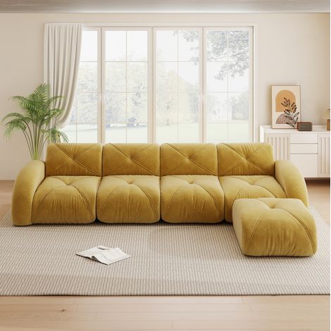 Divano angolare modulare 4 posti in chenille giallo con pouf, senza montaggio (1/5)