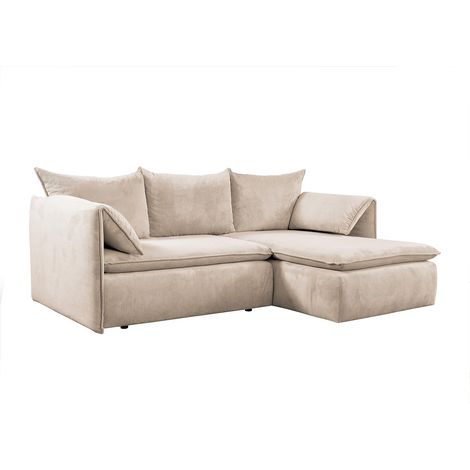 Vente-Unique – Canapé d'angle droit convertible 4 places en velours côtelé beige – Accoudoirs relevables – Coffre de rangement – 230 cm x 166 cm (1/4)