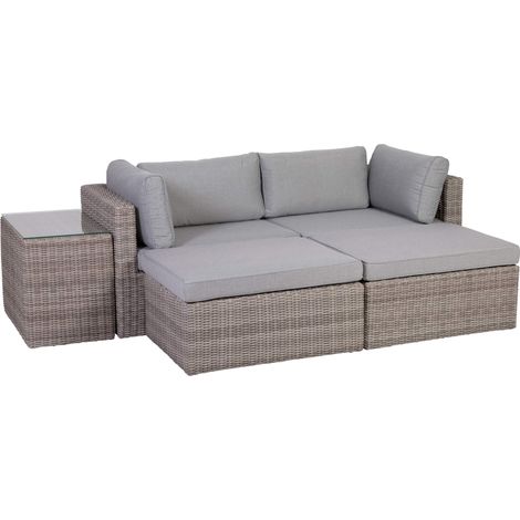 Greemotion Lounge Giardino Palma, Set mobili Giardino polyrattan 2 poltrone angolari 2 sgabelli e Tavolo con Piano in Vetro temperato con Cuscini, Grigio (1/5)