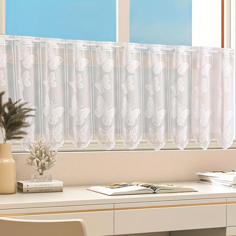 Bistro-Gardine mit Schmetterlings-Jacquardmuster, halbtransparent, aus Netzgewebe, kurze Ösen-Küchengardine (150 x 45 cm, Weiß) (1/5)