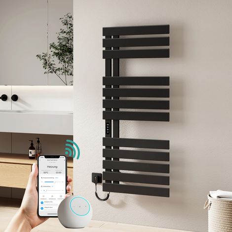 EMKE Sèche-Serviettes Électrique 440W, 130 × 50 cm, Noir mat, Radiateur Salle de Bain à Fibre de Carbone, WiFi Tuya/Smart Life, 6 Modes, Programmation Hebdomadaire, IP45, Raccordement à Gauche (1/5)