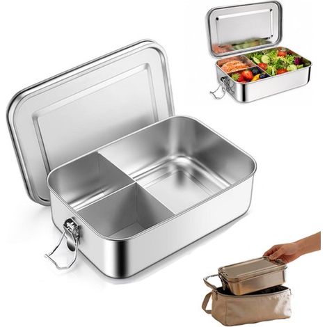 Boîte à lunch en acier inoxydable - Boîte à lunch à 3 compartiments - Fermeture étanche à clip et joint en silicone - 1200 ml - 19,5 × 14,5 × 6,5 cm - Idéale pour les pique-niques, le sport et l'école