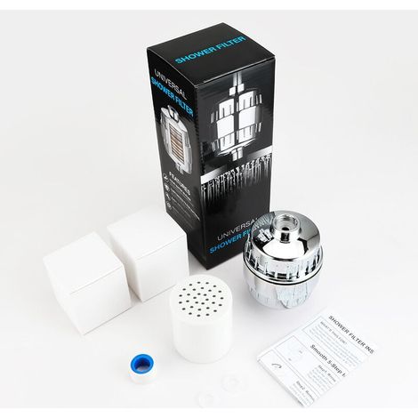 20-stufiger Duschfilter für hartes Wasser, mit 3 austauschbaren Kartuschen, hohe Effizienz bei der Entfernung von Chlor und Fluorid, poliertes Chrom. (1/4)