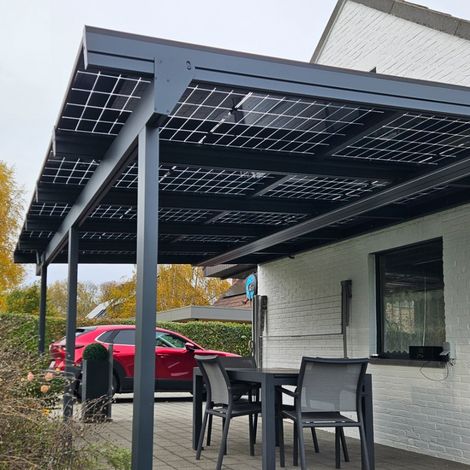 Pergola solaire photovoltaïque CORNALINE (Gris anthracite RAL 7016 - 8 panneaux 4000 W - 4.594 x 3.95 m)