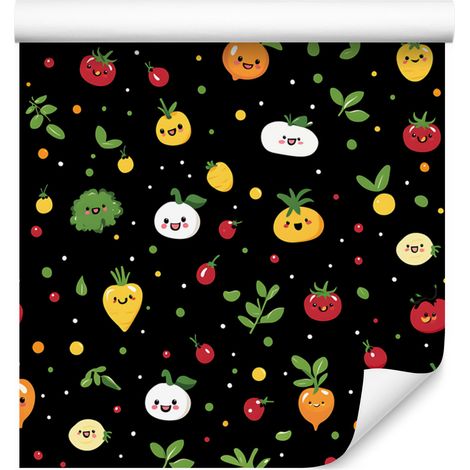 Papier peint Kawaii Légumes Noir, Olive et Jaune pour Salon et Chambre 50x1000 (1/4)