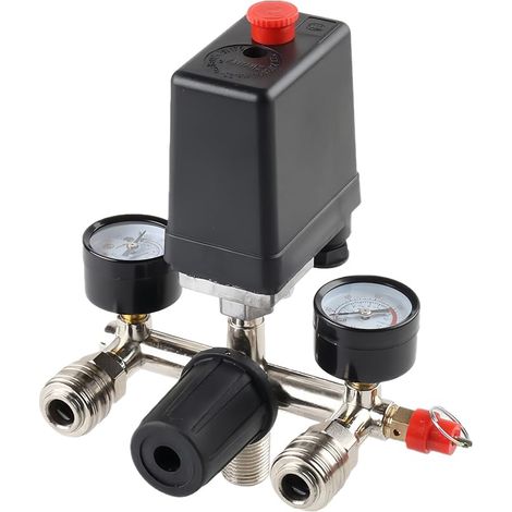 Régulateur Pression 230 V avec 2 Jauge 0 à 12 bar, Régulateurs Compresseur Air Filetage Extérieur 1/2"(20mm) avec Soupape Pressostat, Interrupteur Vanne Contrôle Commutateur d'air Réglable 90-120 PSI (1/5)