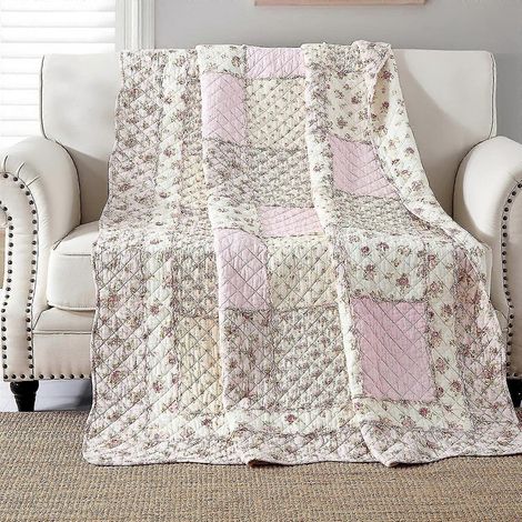 Couvre-lit patchwork pour lit simple, couverture en coton patchwork, rose pour fille, jeté de canapé matelassé, jeté de lit, 150 x 200 cm à motif floral (1/5)