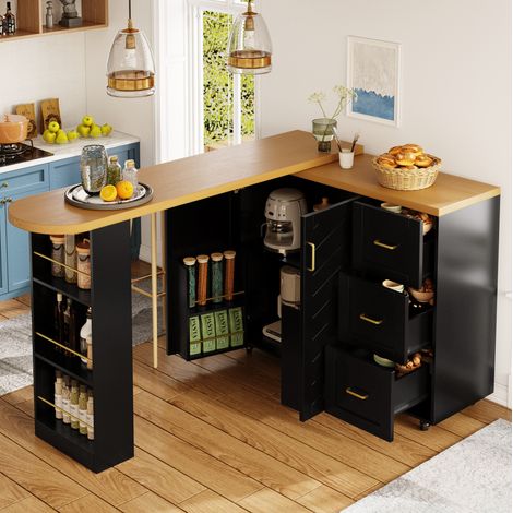 Carrito de bar extensible 135-228 x 39 x 104 cm negro MDF, 5 ruedas - CHICFURN (1/5)