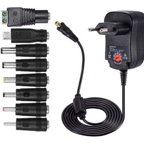 Bloc d'alimentation universel AC-DC Ulisem 12 W (3 V, 4,5 V, 5 V, 6 V, 7,5 V, 9 V et 12 V) avec 8 ports d'adaptateur sélectionnables, max. 1 000 mA, câble de charge de 115 cm.