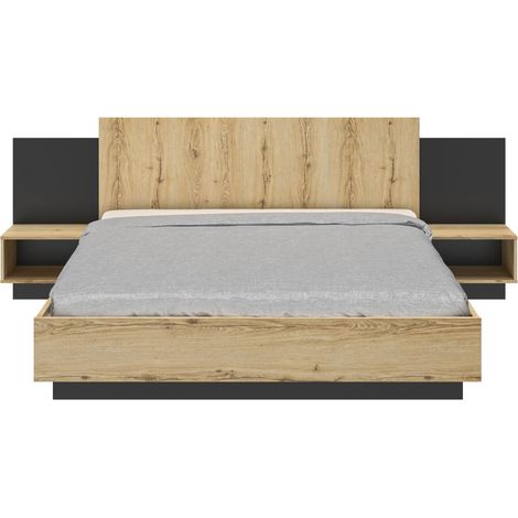 M&S – Lit avec tiroirs 180x200 – Tête de lit avec chevets intégrés – Ceinture épaisseur 22mm – Coloris chêne Helvezia/marron (1/5)