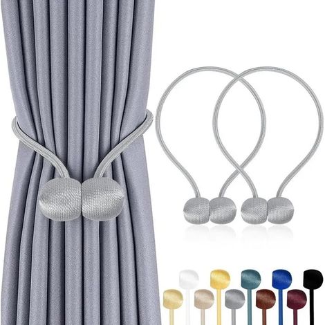 Lot de 2 embrasses rideaux magnétiques, 10 couleurs, corde polyester renforcée – pour salon, chambre, salle à manger et - Gris 2 PCS (1/5)