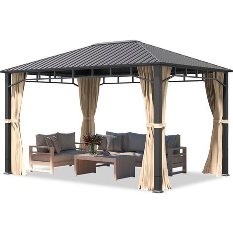 Gazebo da giardino 3x4 m tetto hardtop in acciaio 4 teli laterali color crema, profilo ca. 90x90 mm